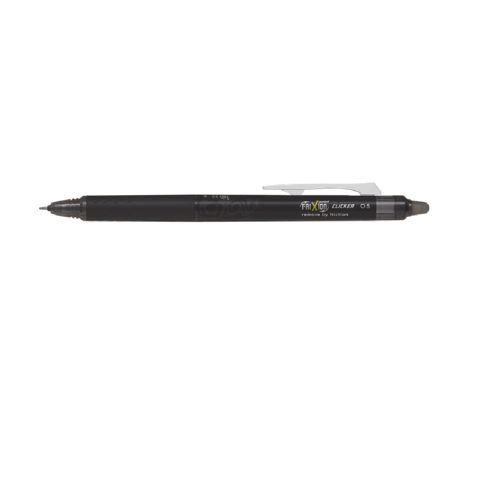 Black Pilot FriXion Clicker 0.5 erasable pen with retractable tip and friction eraser.