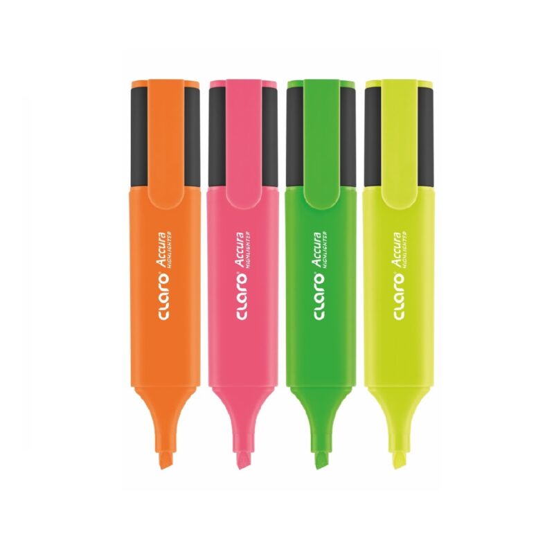 Four brightly colored highlighters (orange, pink, green, yellow) with black caps and clips, arranged side by side